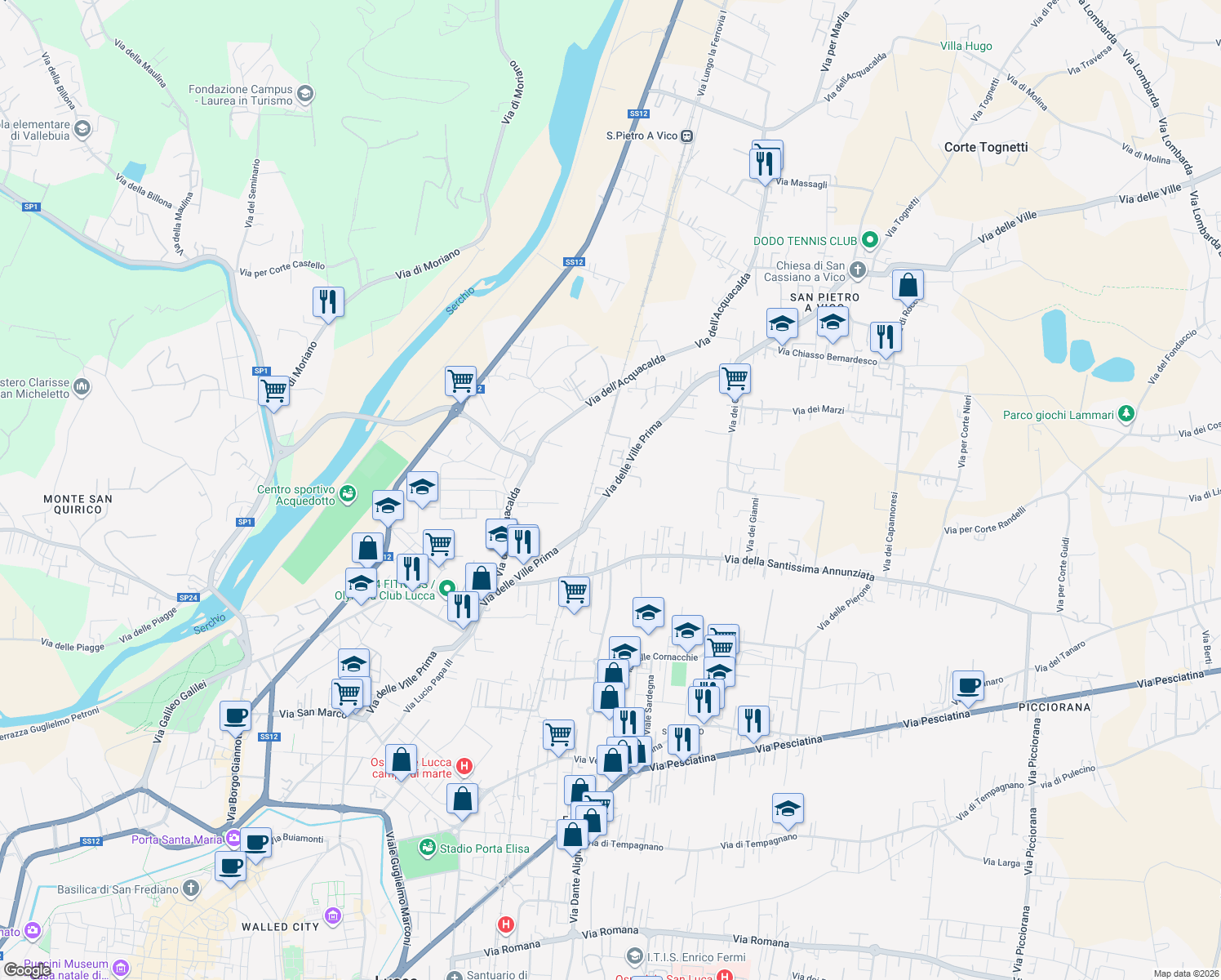 map of restaurants, bars, coffee shops, grocery stores, and more near 1502 Via delle Ville Prima in Lucca