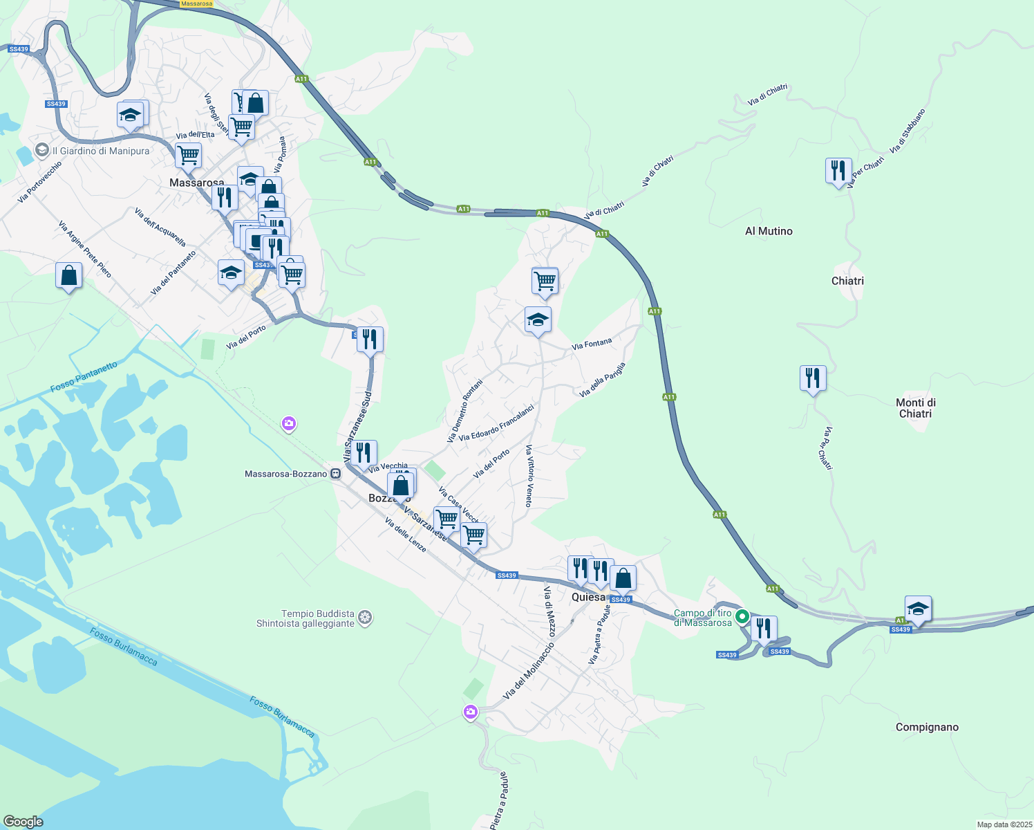 map of restaurants, bars, coffee shops, grocery stores, and more near 347 Via Edoardo Francalanci in Bozzano