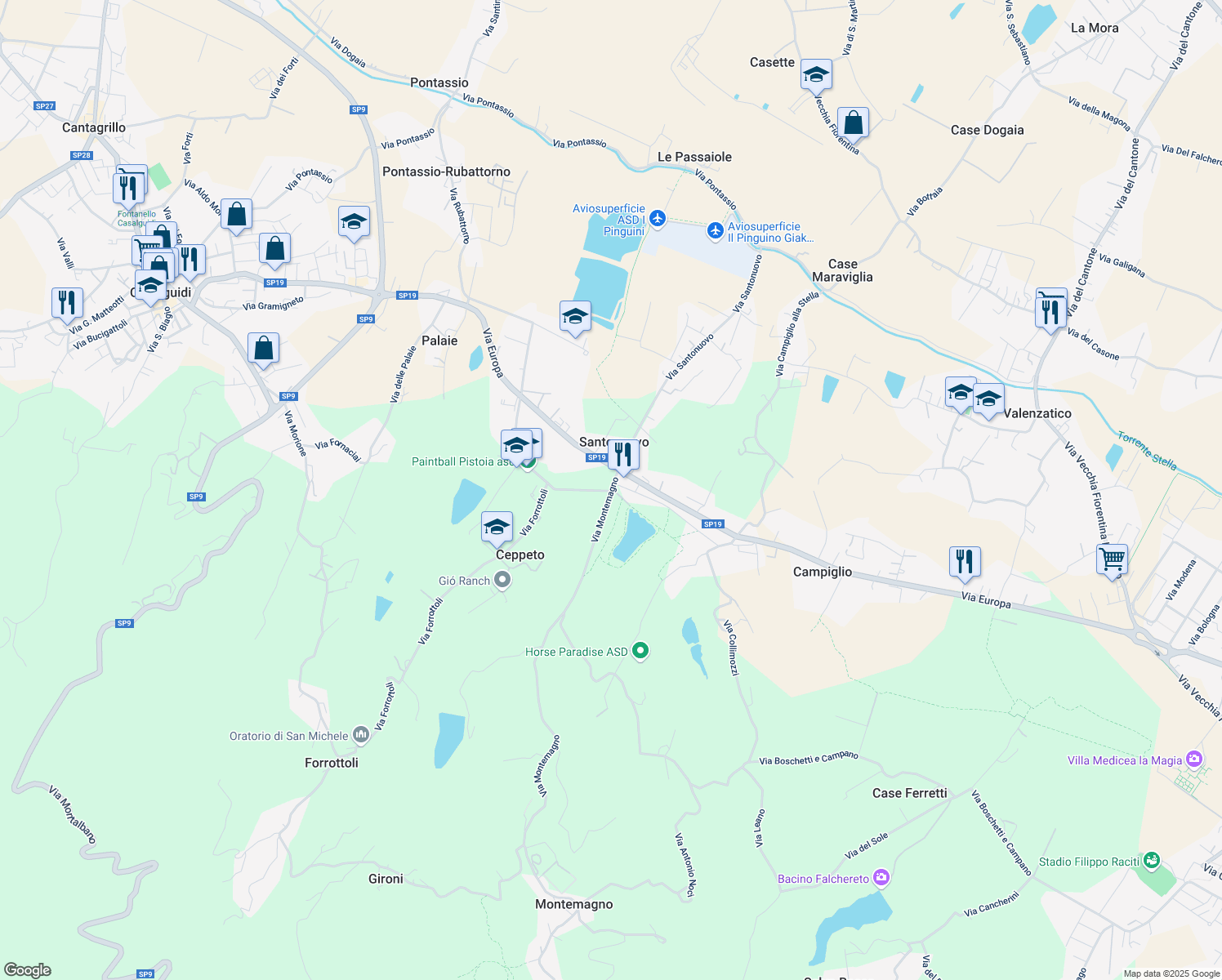 map of restaurants, bars, coffee shops, grocery stores, and more near 101 Via Montemagno in Santonuovo