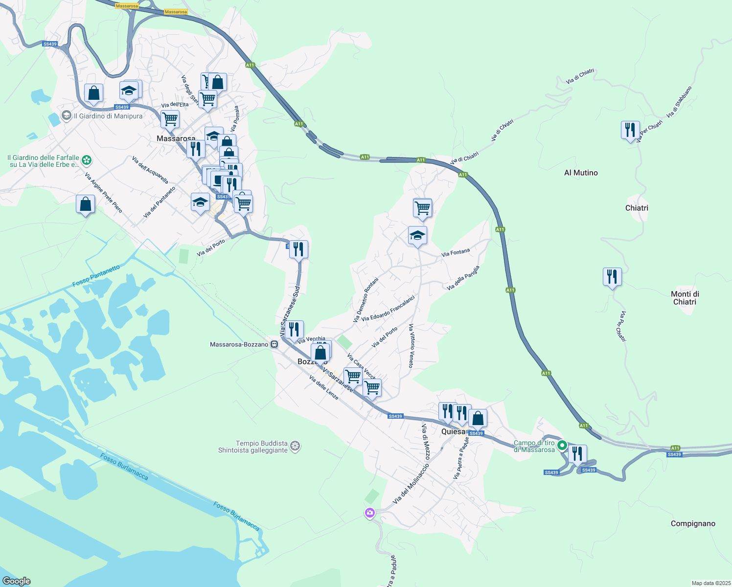 map of restaurants, bars, coffee shops, grocery stores, and more near 45 Via della Fornace in Massarosa
