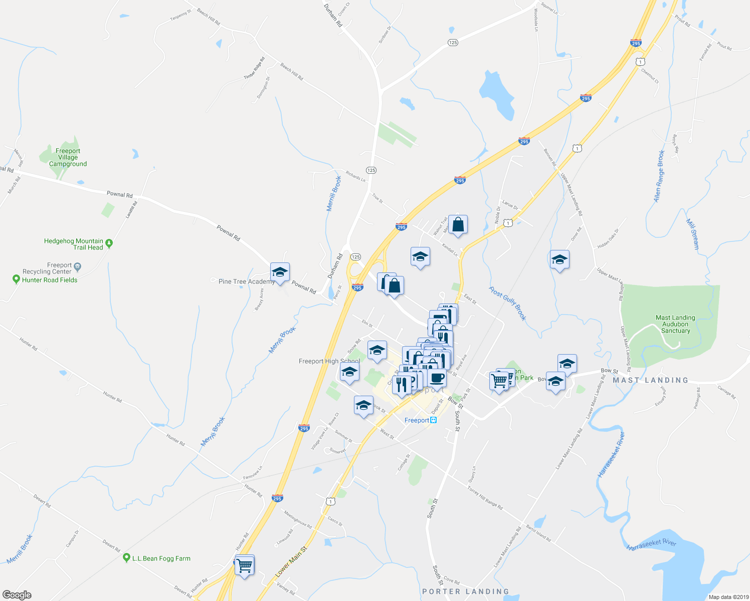 map of restaurants, bars, coffee shops, grocery stores, and more near 15 Oak Avenue in Freeport