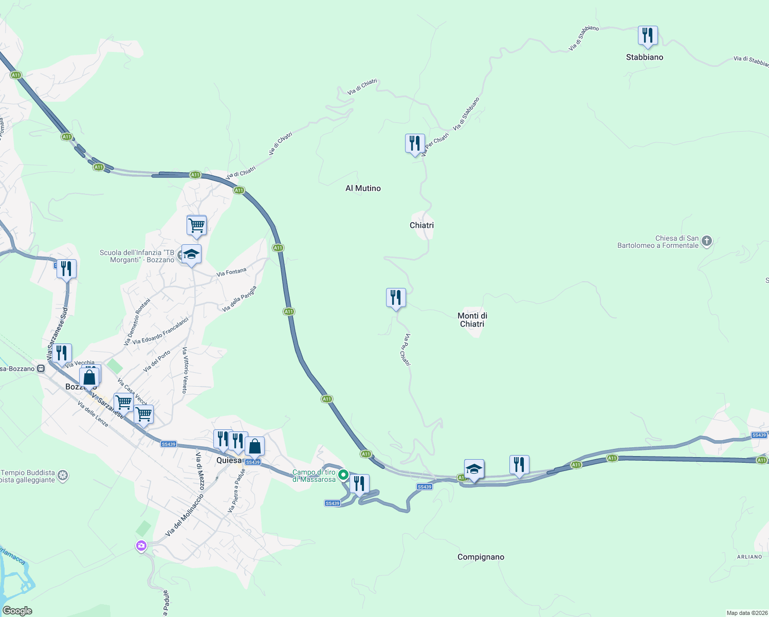 map of restaurants, bars, coffee shops, grocery stores, and more near 1750 Via dei Monti Di Chiatri in Provincia di Lucca