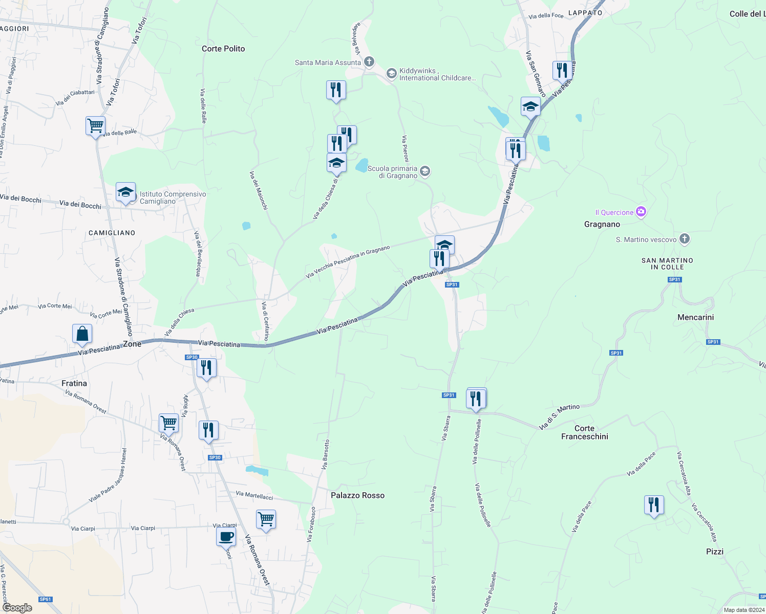 map of restaurants, bars, coffee shops, grocery stores, and more near 822 Via Pesciatina in Capannori
