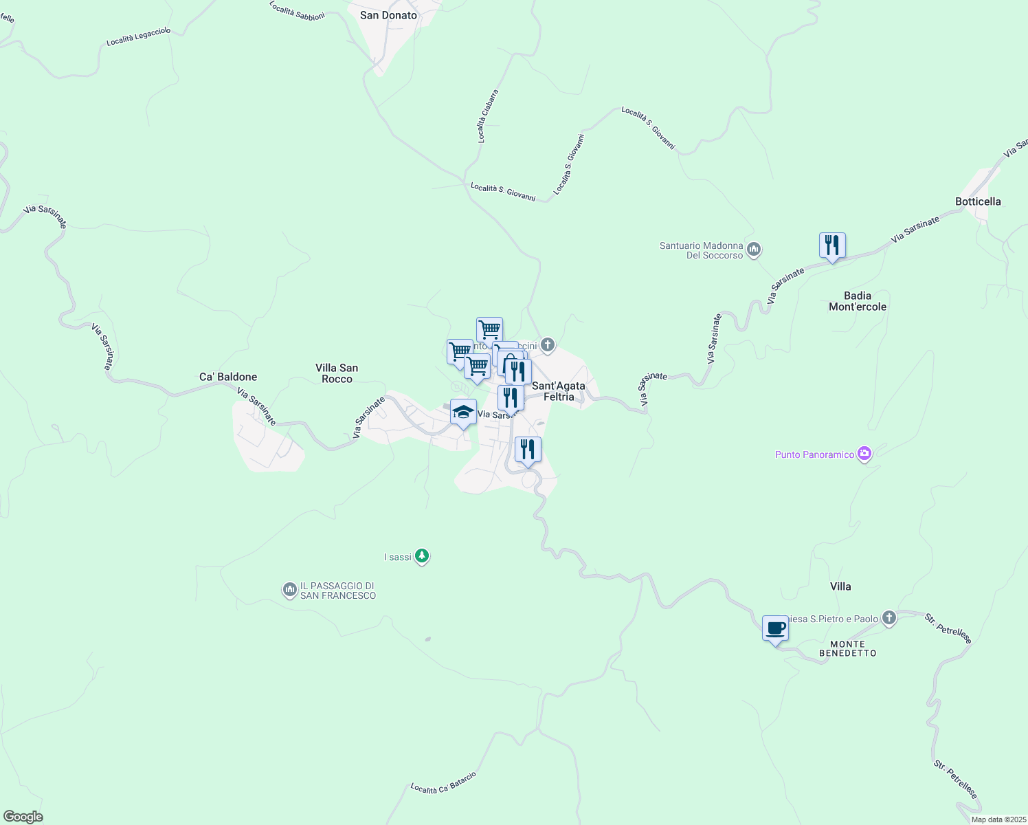 map of restaurants, bars, coffee shops, grocery stores, and more near 2 Via I° Maggio in Sant'Agata Feltria
