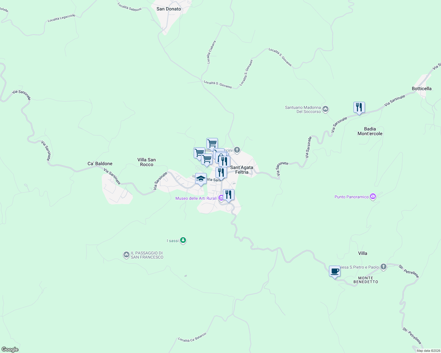 map of restaurants, bars, coffee shops, grocery stores, and more near 2 Via I° Maggio in Sant'Agata Feltria