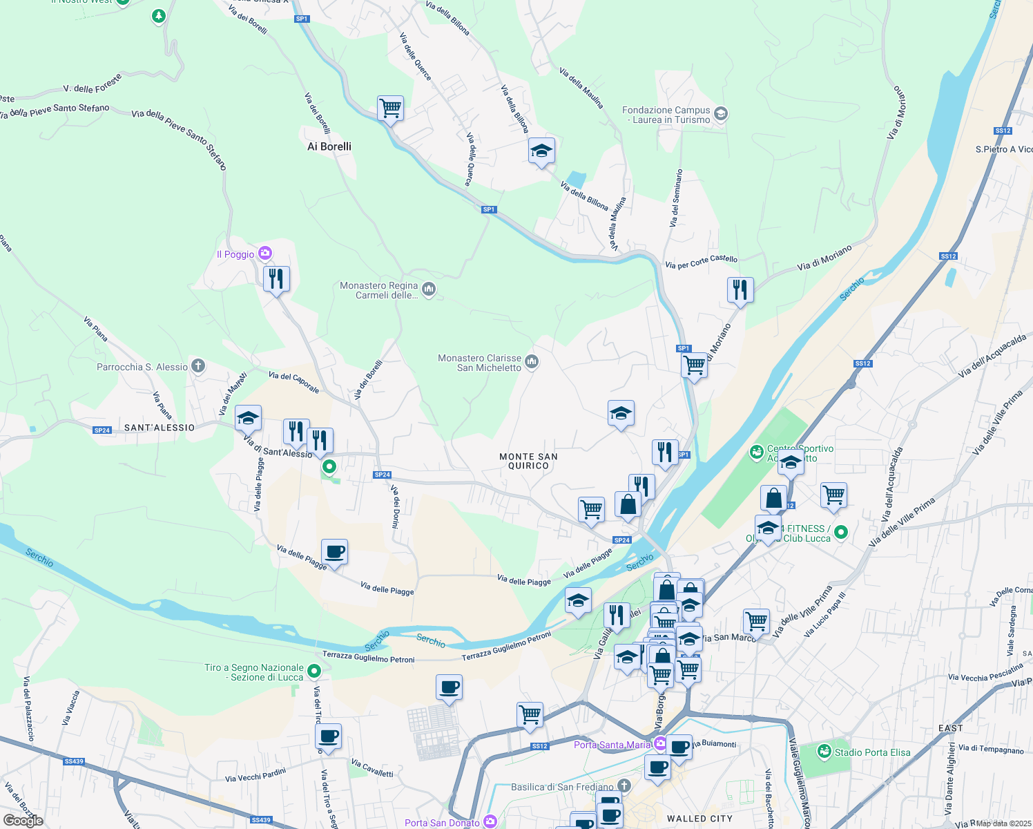 map of restaurants, bars, coffee shops, grocery stores, and more near 556 Via dei Poveri Vecchi in Lucca