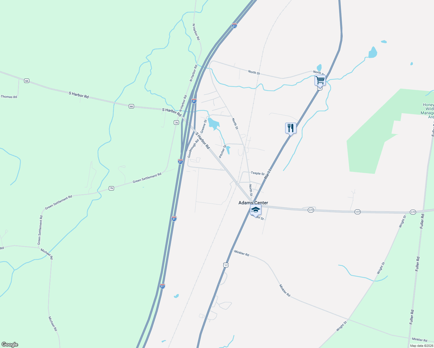 map of restaurants, bars, coffee shops, grocery stores, and more near 18044 Goodnough Road in Adams Center