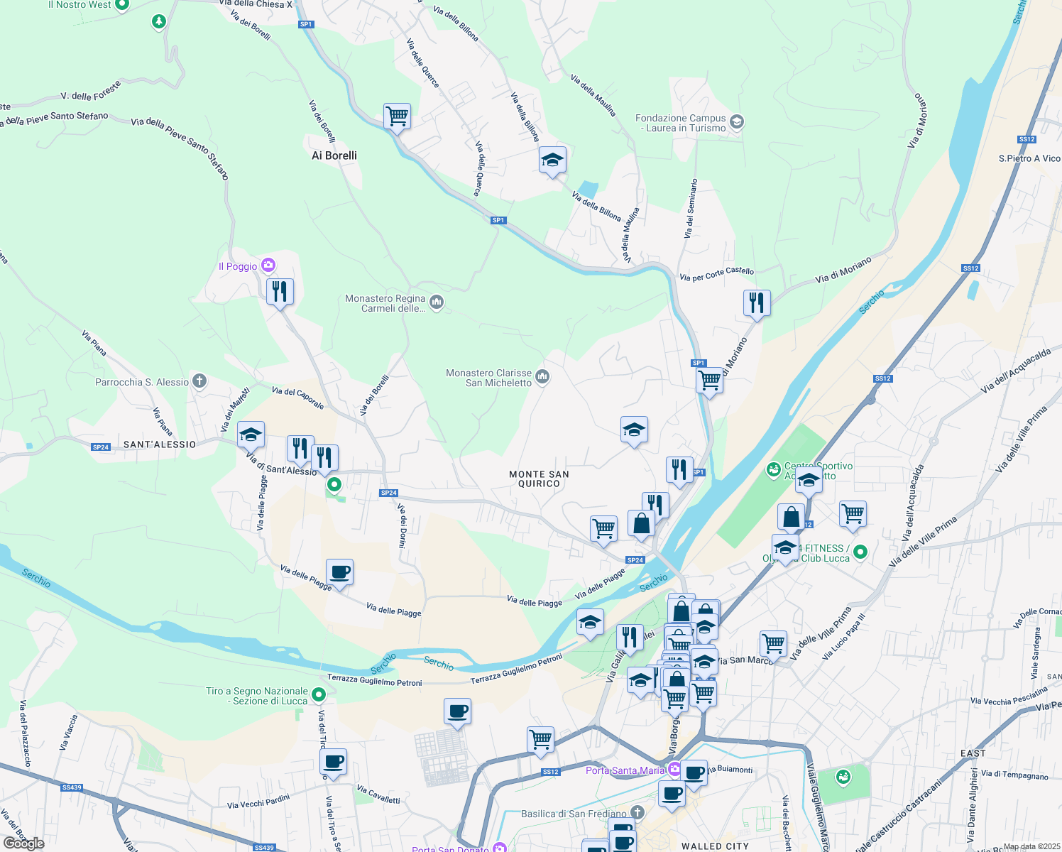 map of restaurants, bars, coffee shops, grocery stores, and more near 556 Via dei Poveri Vecchi in Lucca