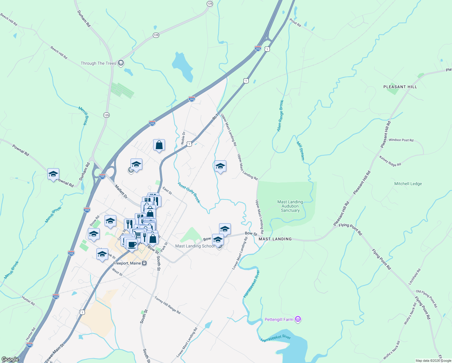 map of restaurants, bars, coffee shops, grocery stores, and more near 40 Upper Mast Landing Road in Freeport