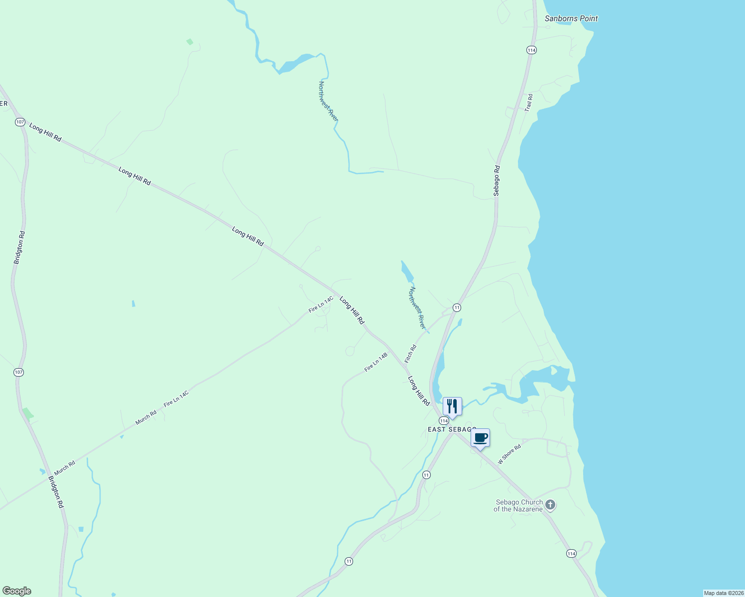 map of restaurants, bars, coffee shops, grocery stores, and more near 26 Murch Road in Sebago