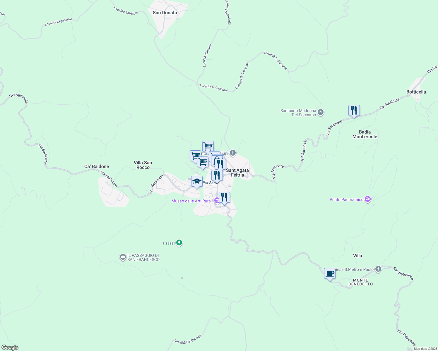map of restaurants, bars, coffee shops, grocery stores, and more near 2 Via I° Maggio in Sant'Agata Feltria
