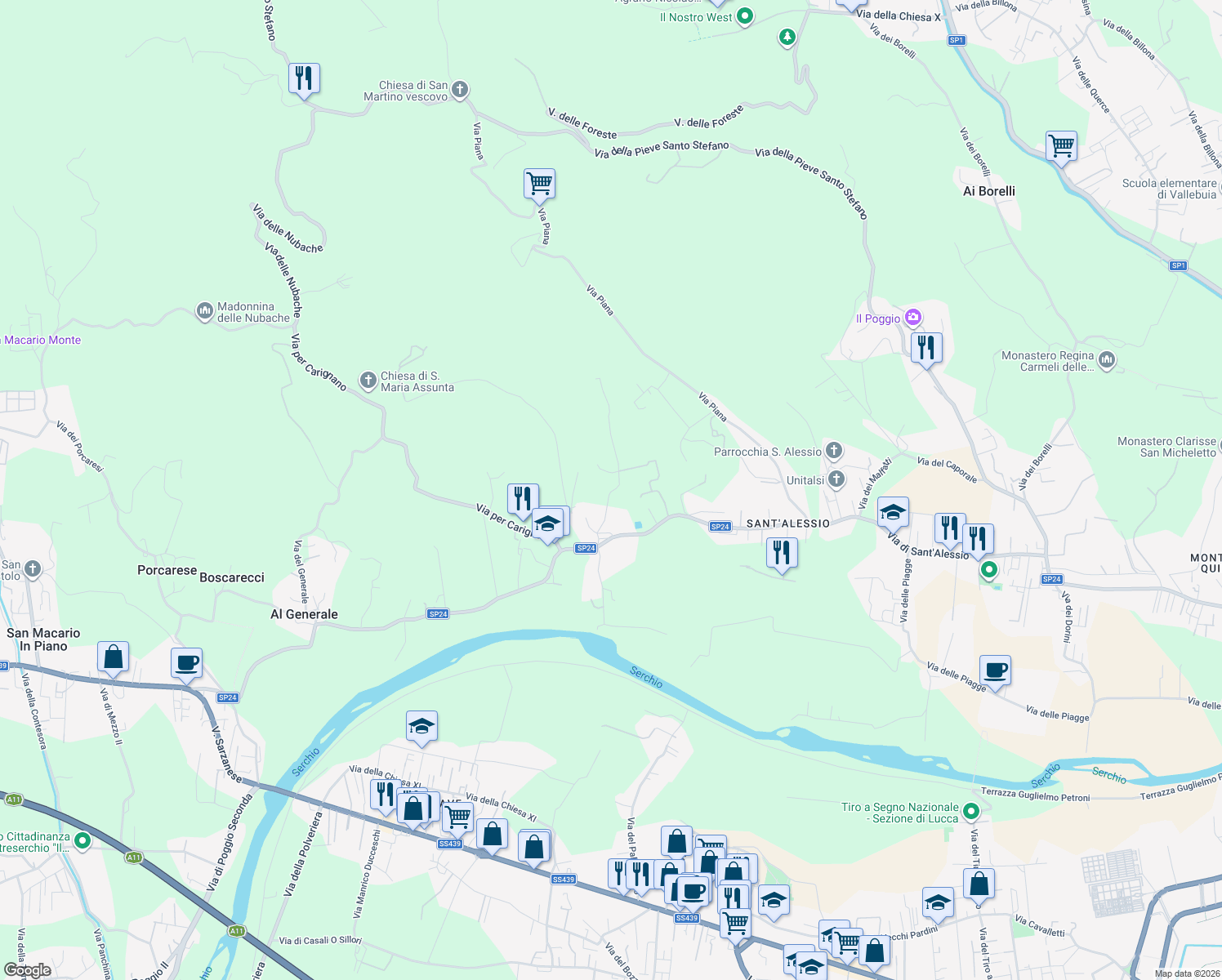 map of restaurants, bars, coffee shops, grocery stores, and more near in Lucca