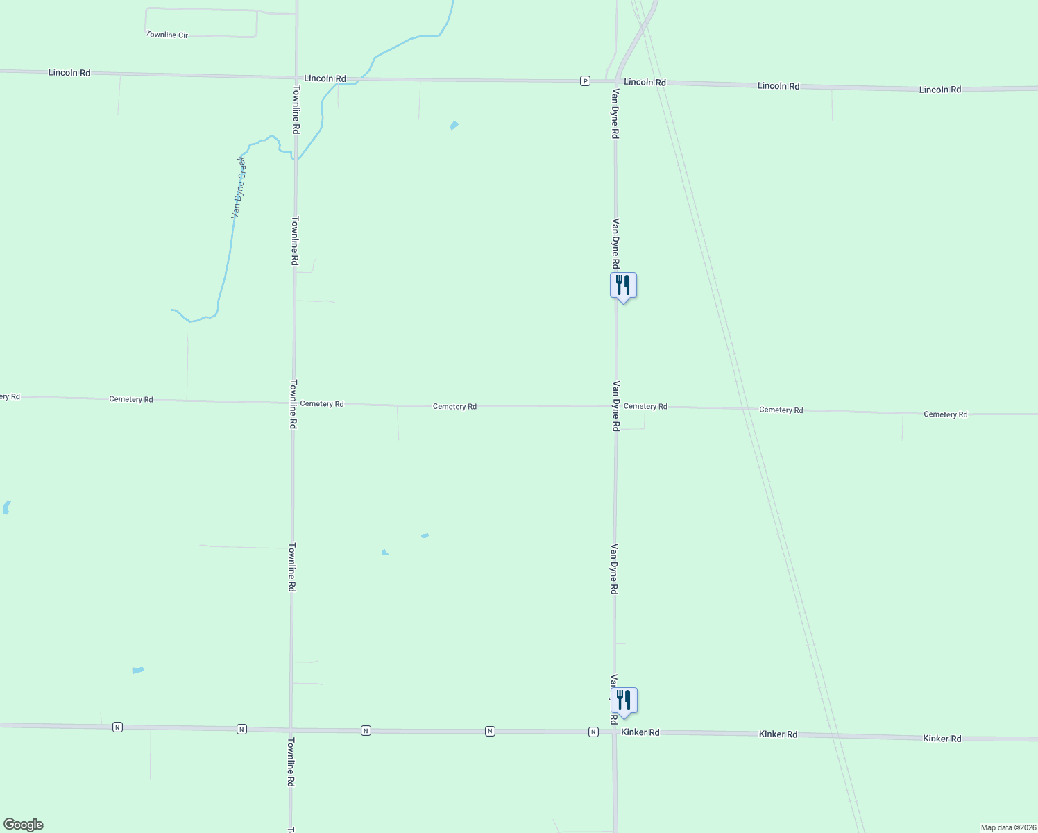 map of restaurants, bars, coffee shops, grocery stores, and more near W7028 Cemetery Road in Van Dyne