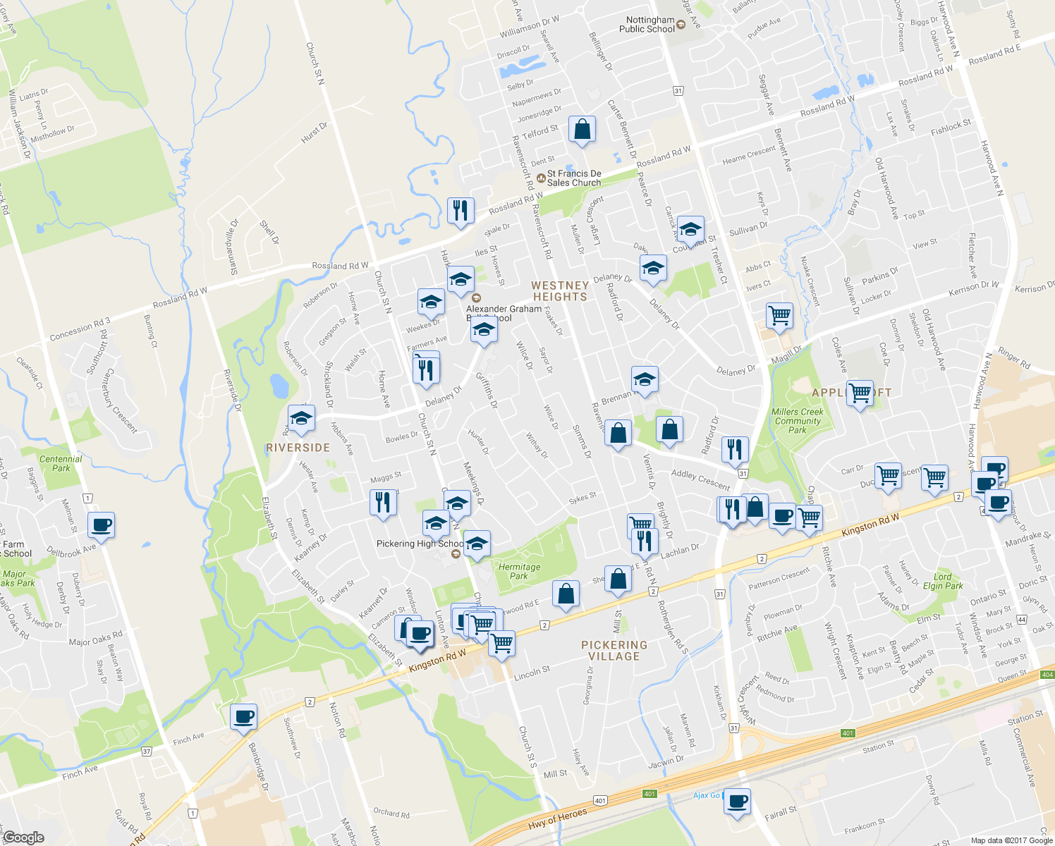 map of restaurants, bars, coffee shops, grocery stores, and more near 31 Withay Drive in Ajax