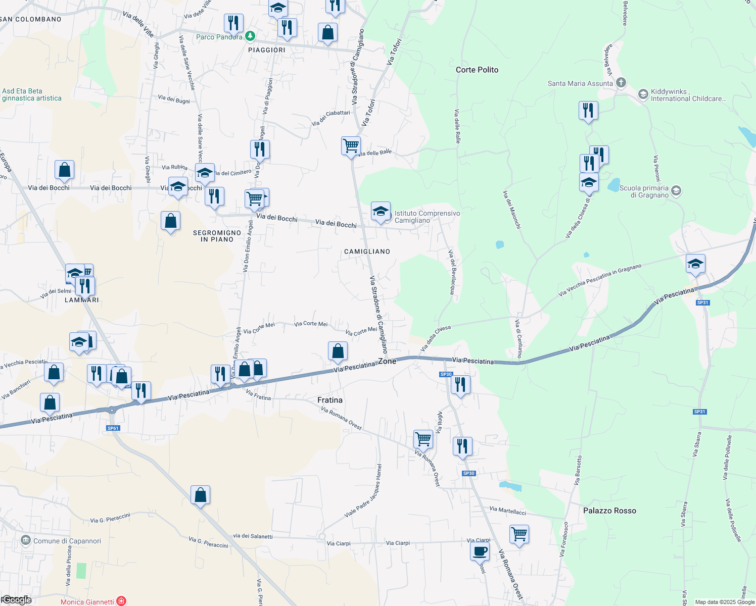 map of restaurants, bars, coffee shops, grocery stores, and more near 86 Via Stradone di Camigliano in Capannori