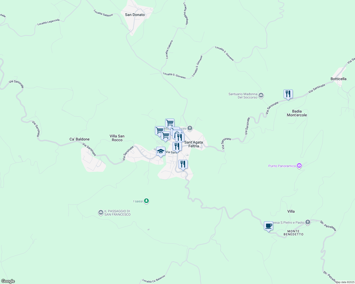 map of restaurants, bars, coffee shops, grocery stores, and more near 49 Via Cionini in Sant'Agata Feltria