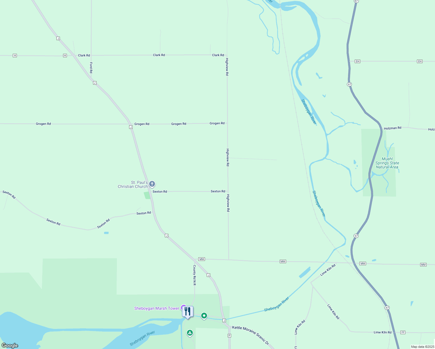 map of restaurants, bars, coffee shops, grocery stores, and more near W6954 Sexton Rd in Elkhart Lake