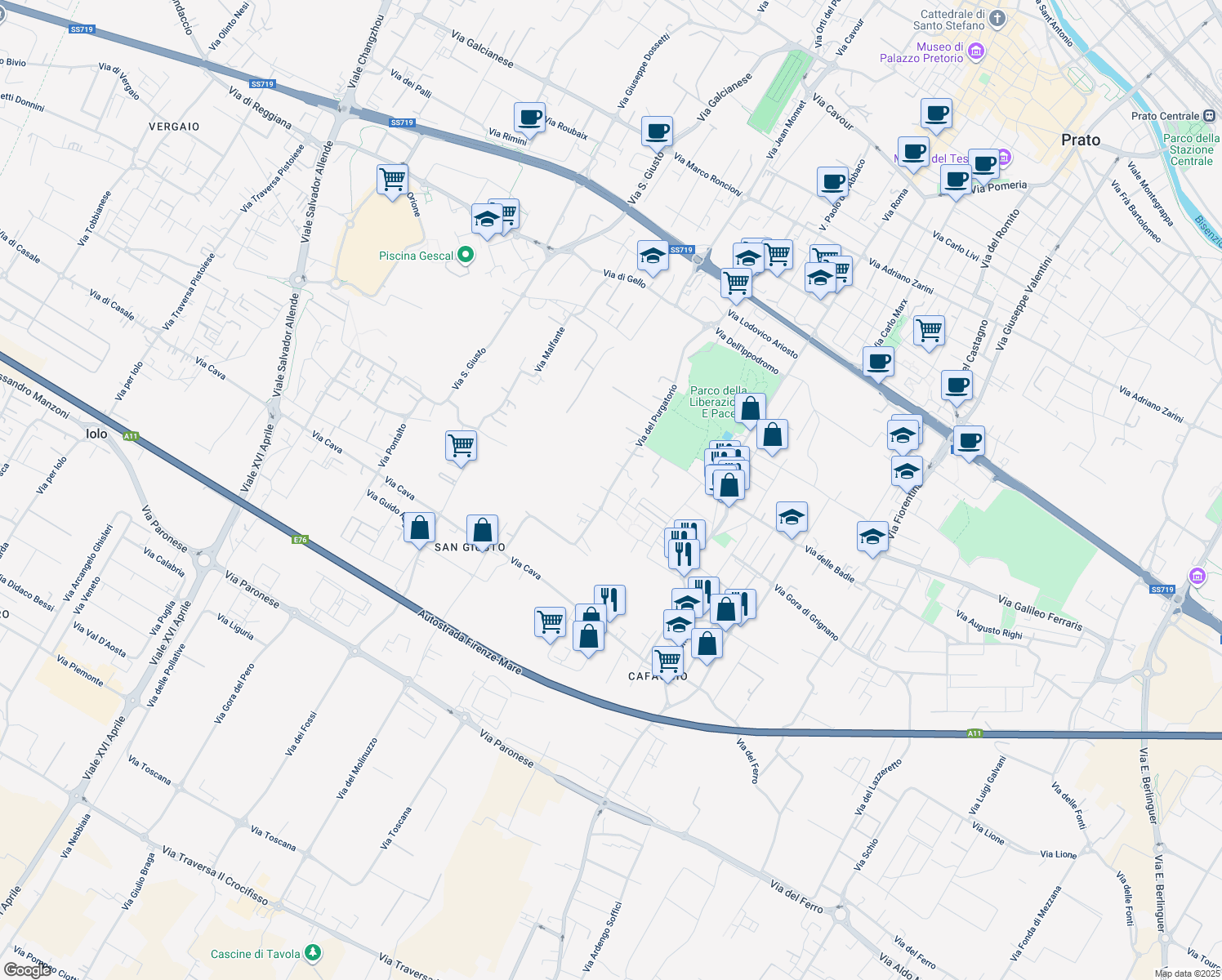 map of restaurants, bars, coffee shops, grocery stores, and more near 137 Via del Purgatorio in Prato