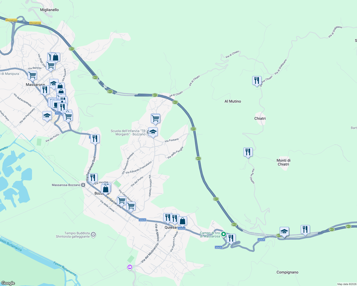 map of restaurants, bars, coffee shops, grocery stores, and more near 358A Via Fontana in Bozzano