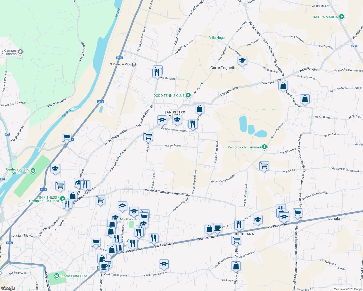 map of restaurants, bars, coffee shops, grocery stores, and more near 463 Via dei Marzi in Lucca
