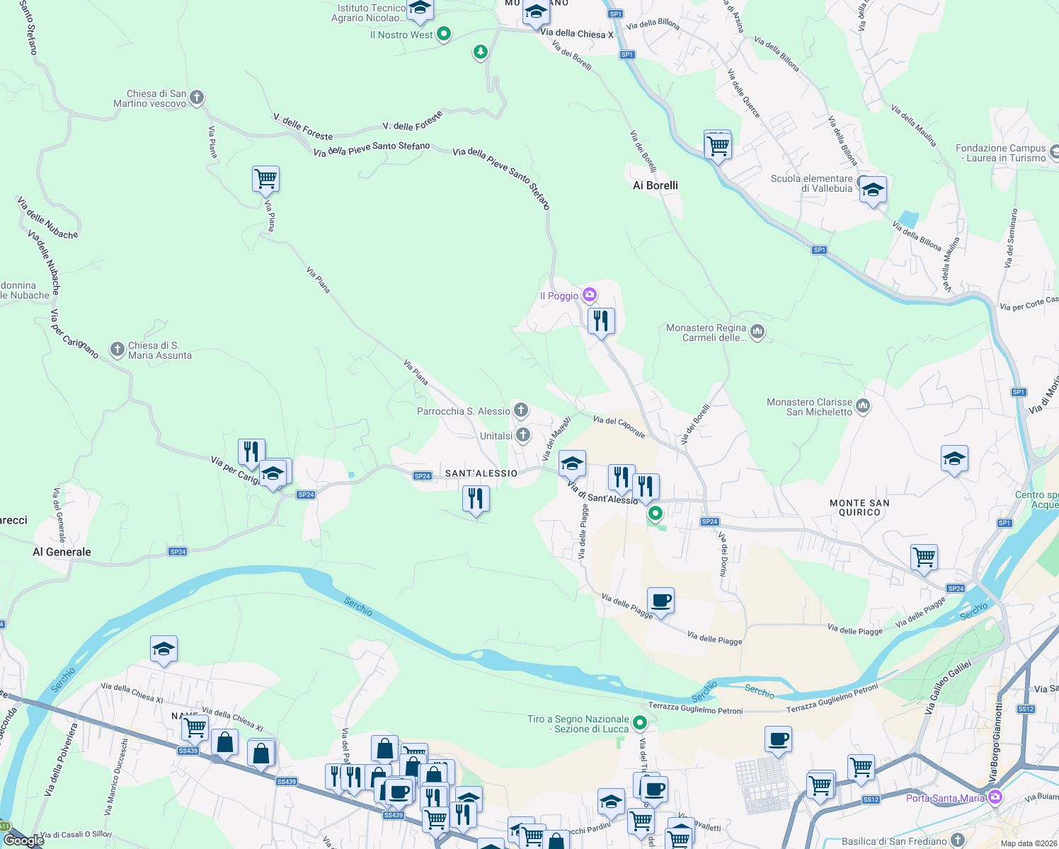 map of restaurants, bars, coffee shops, grocery stores, and more near 307 Via dei Malfatti in Lucca
