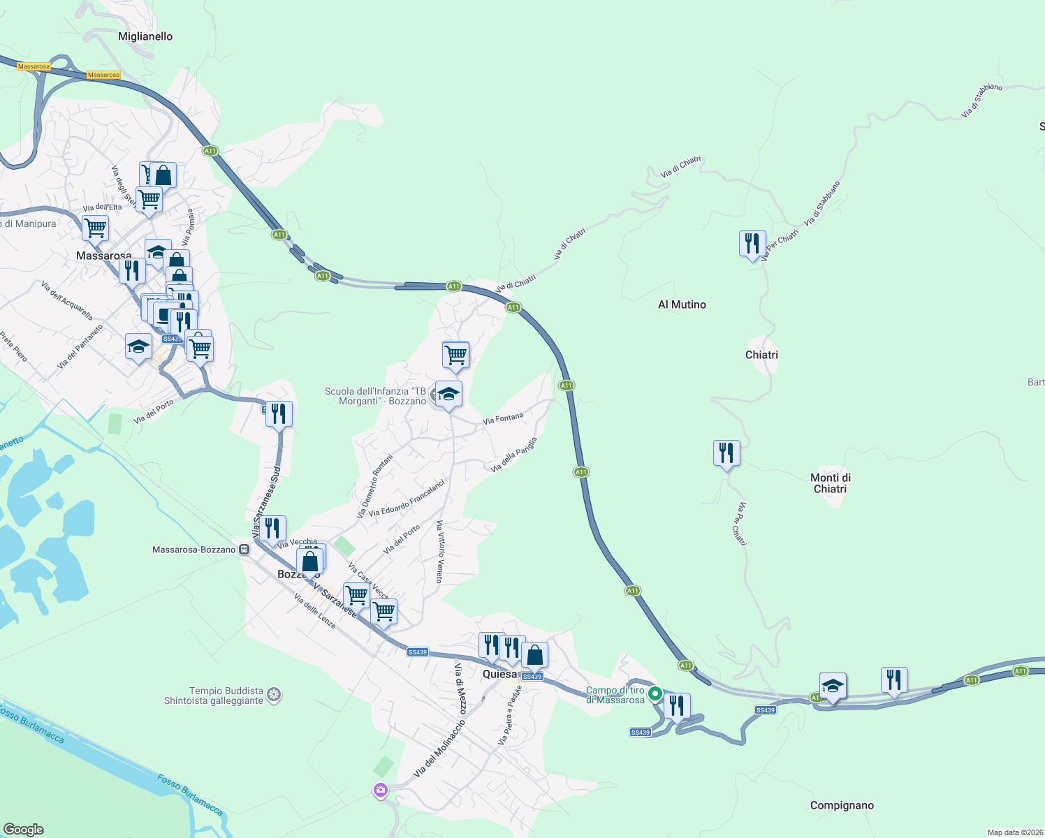 map of restaurants, bars, coffee shops, grocery stores, and more near 358A Via Fontana in Bozzano