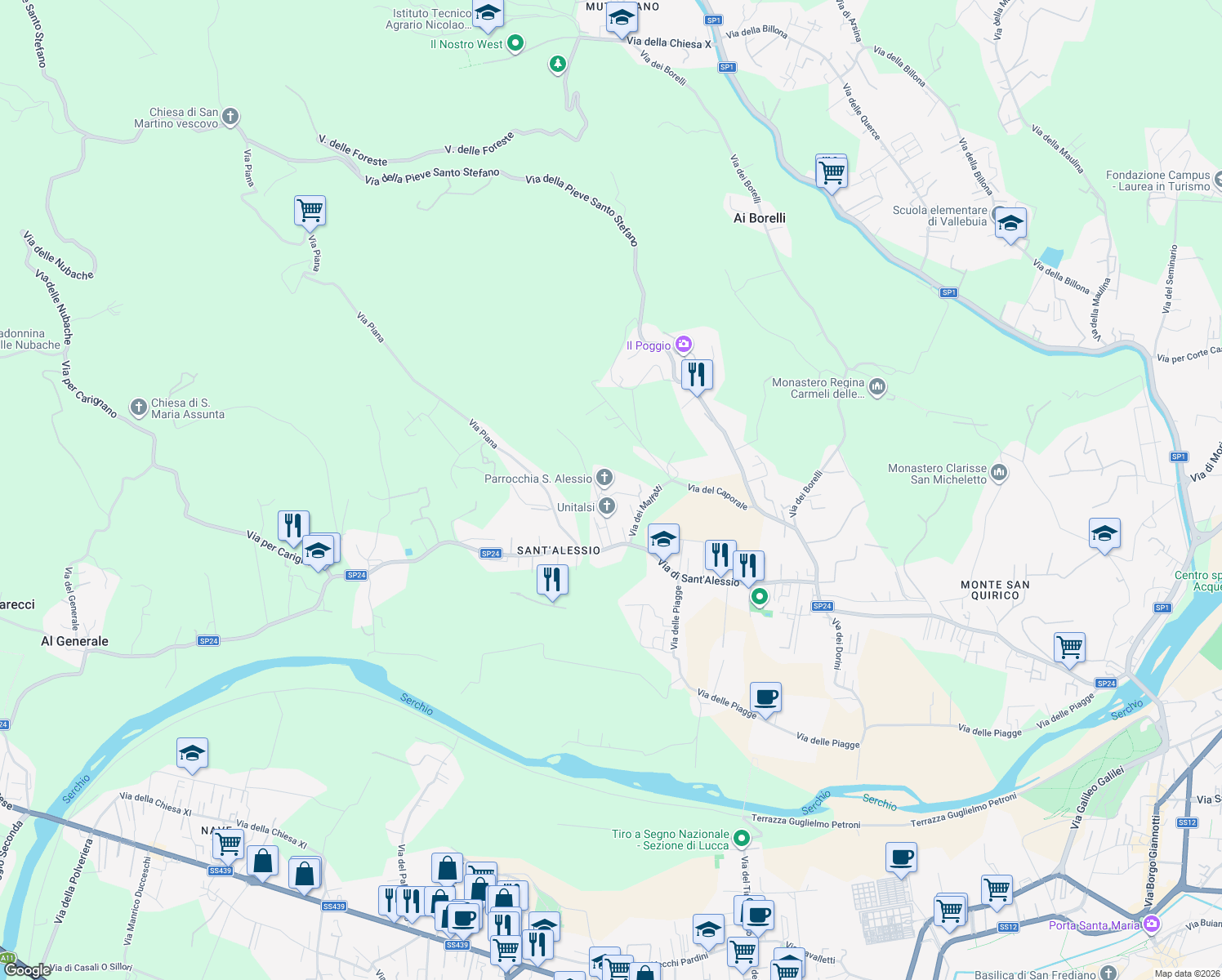 map of restaurants, bars, coffee shops, grocery stores, and more near 127 Via della Chiesa in Lucca