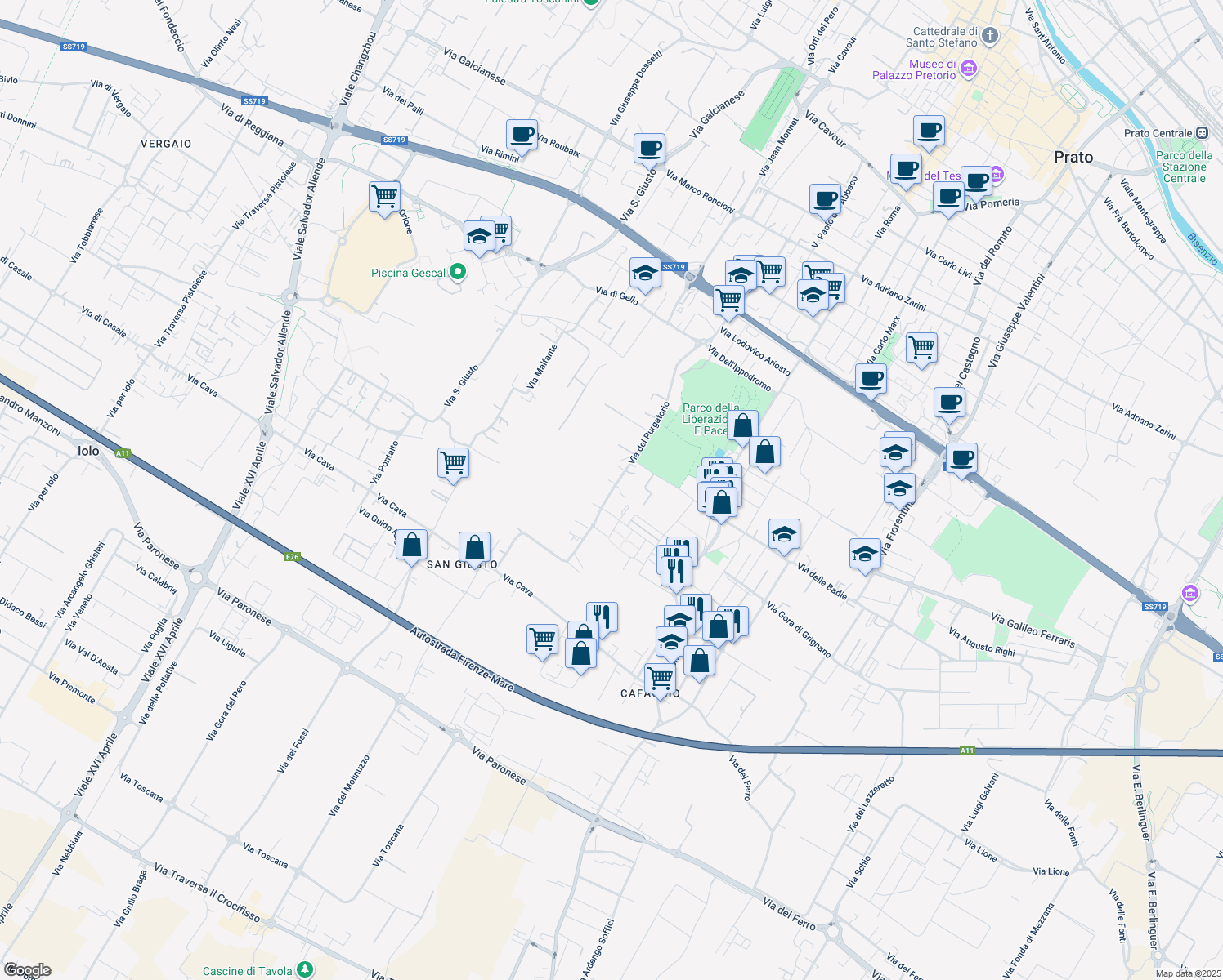 map of restaurants, bars, coffee shops, grocery stores, and more near 137 Via del Purgatorio in Prato