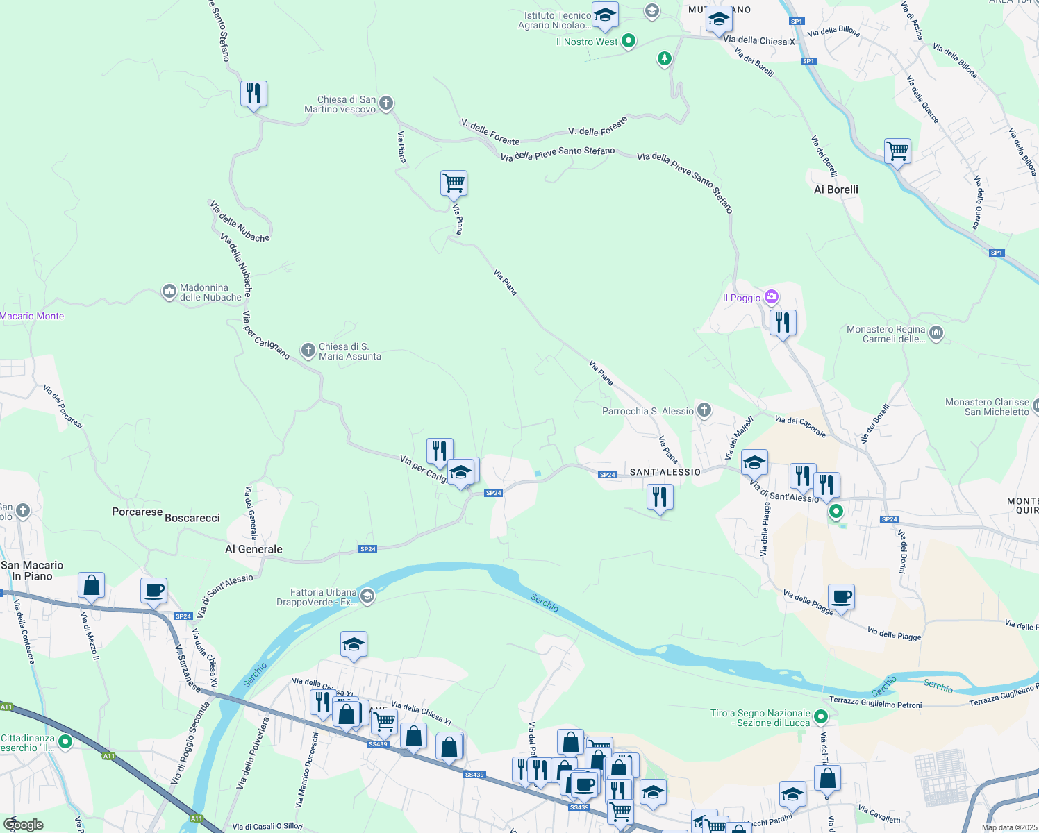 map of restaurants, bars, coffee shops, grocery stores, and more near in Lucca
