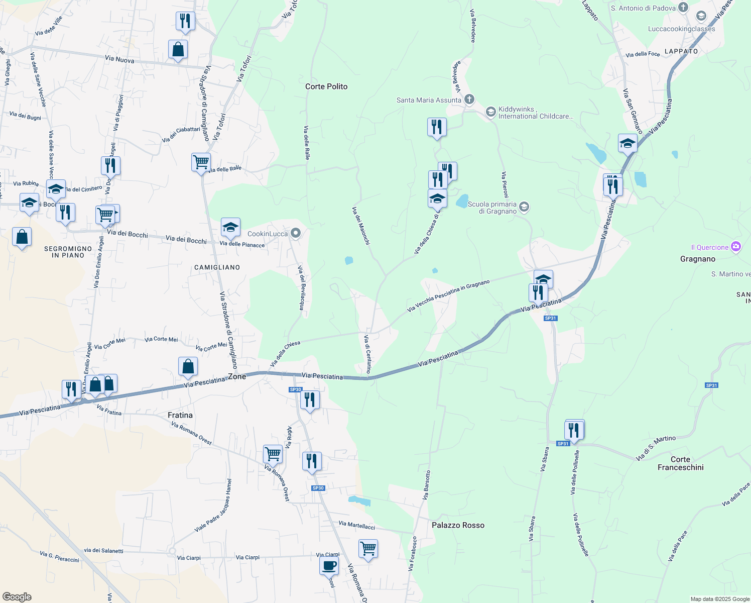map of restaurants, bars, coffee shops, grocery stores, and more near 24 Via della Chiesa di Gragnano in Provincia di Lucca