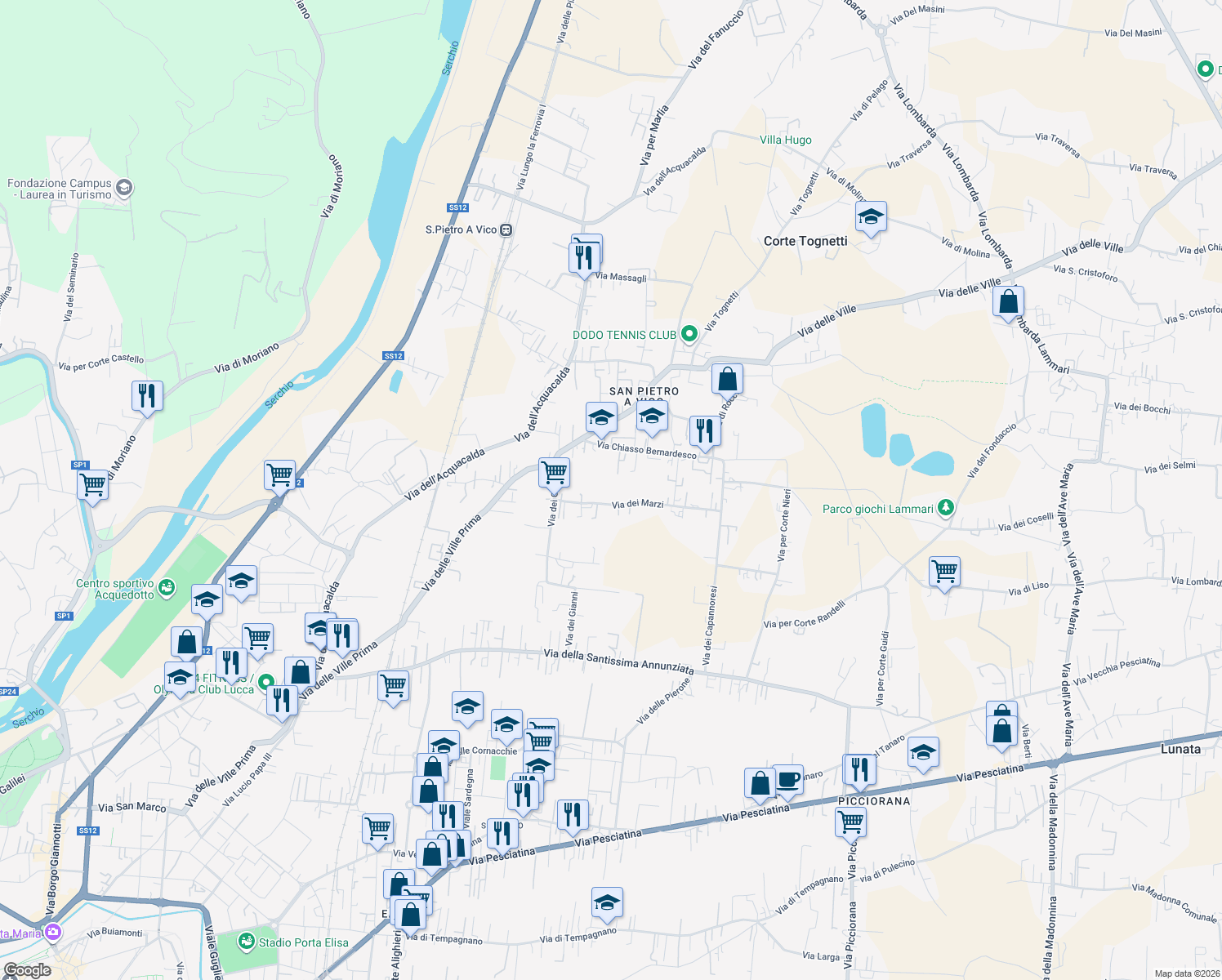 map of restaurants, bars, coffee shops, grocery stores, and more near 463 Via dei Marzi in Lucca