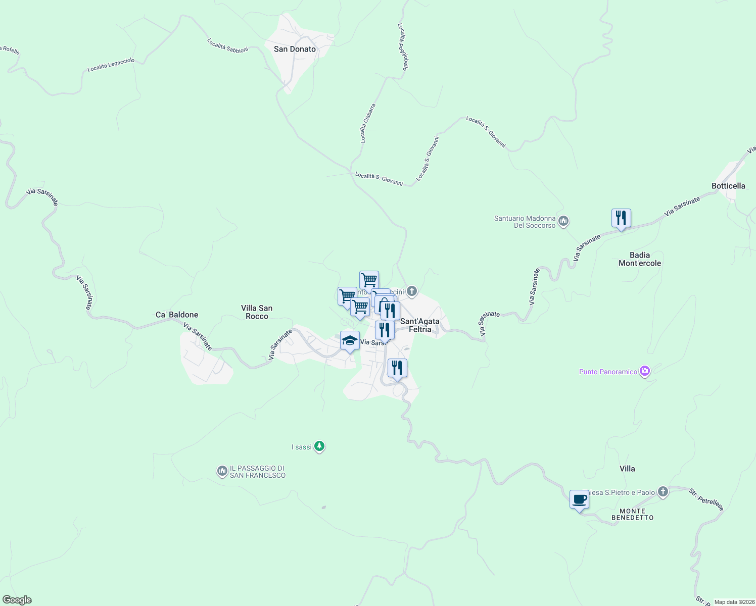 map of restaurants, bars, coffee shops, grocery stores, and more near 16 Via Ottaviano Fregoso in Sant'Agata Feltria