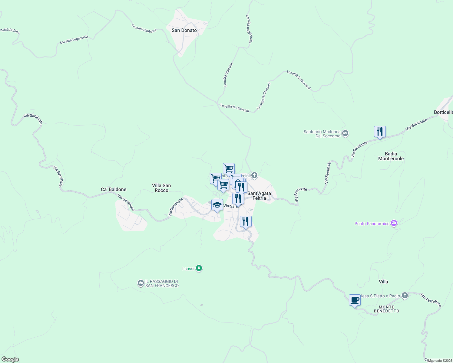 map of restaurants, bars, coffee shops, grocery stores, and more near in Sant'Agata Feltria