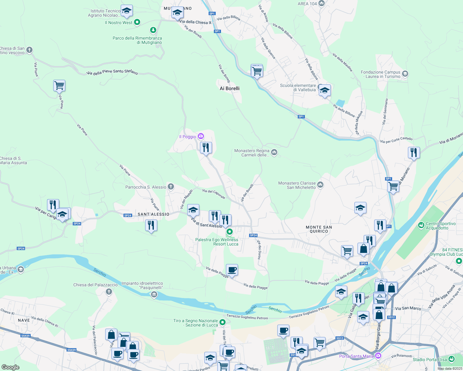 map of restaurants, bars, coffee shops, grocery stores, and more near 156 traversa II in Lucca