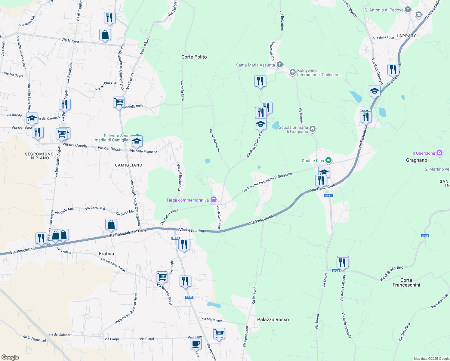 map of restaurants, bars, coffee shops, grocery stores, and more near 24 Via della Chiesa di Gragnano in Provincia di Lucca