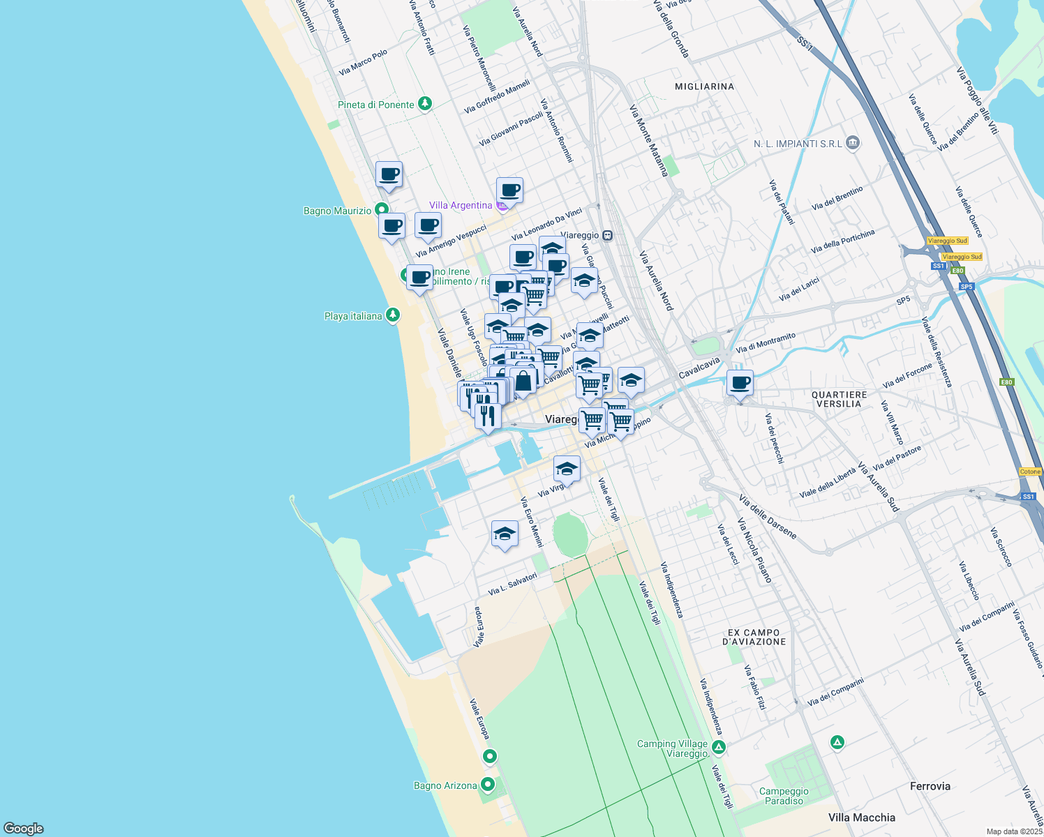 map of restaurants, bars, coffee shops, grocery stores, and more near 19 Viale Ugo Foscolo in Viareggio