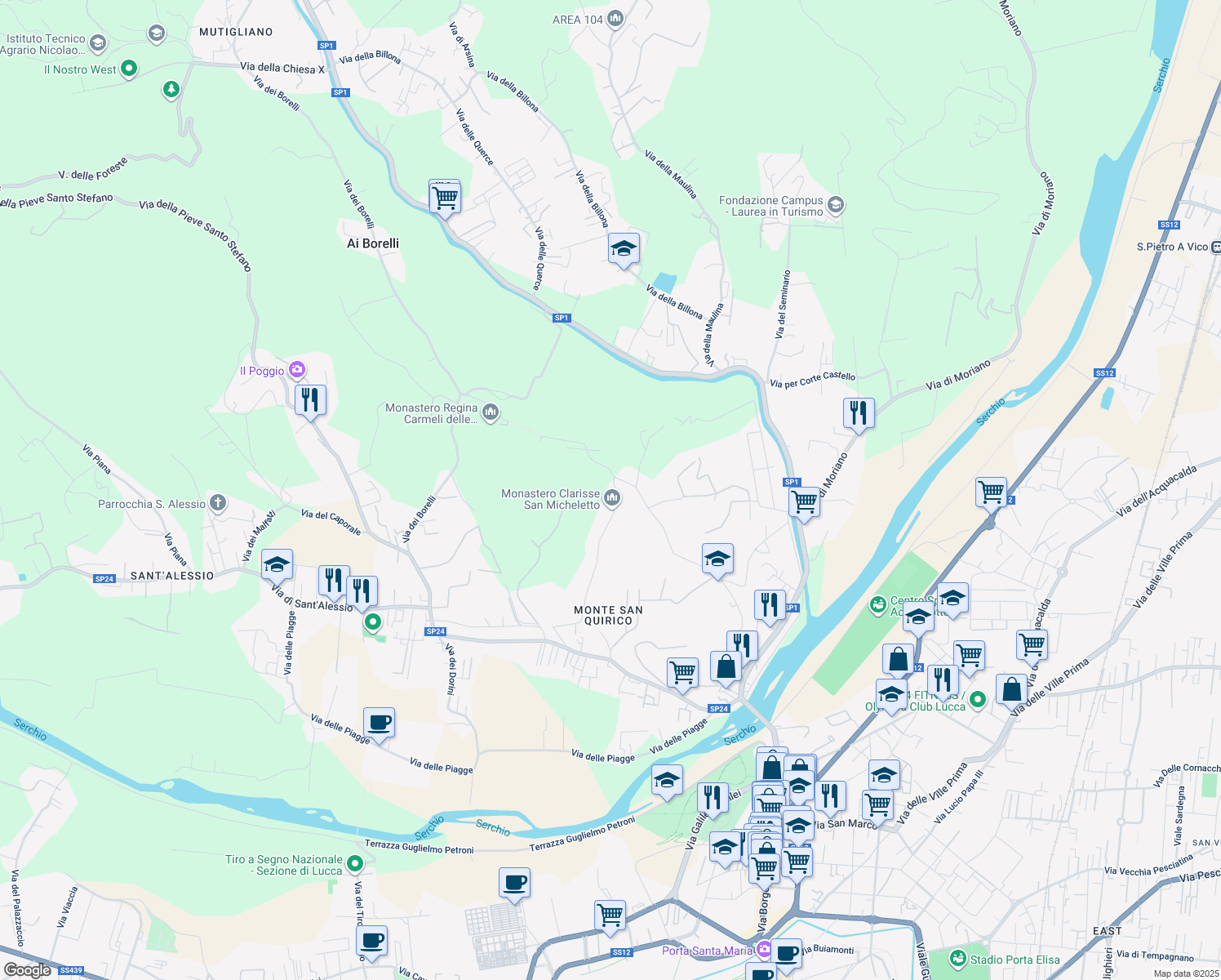 map of restaurants, bars, coffee shops, grocery stores, and more near 835 Via dei Poveri Vecchi in Lucca