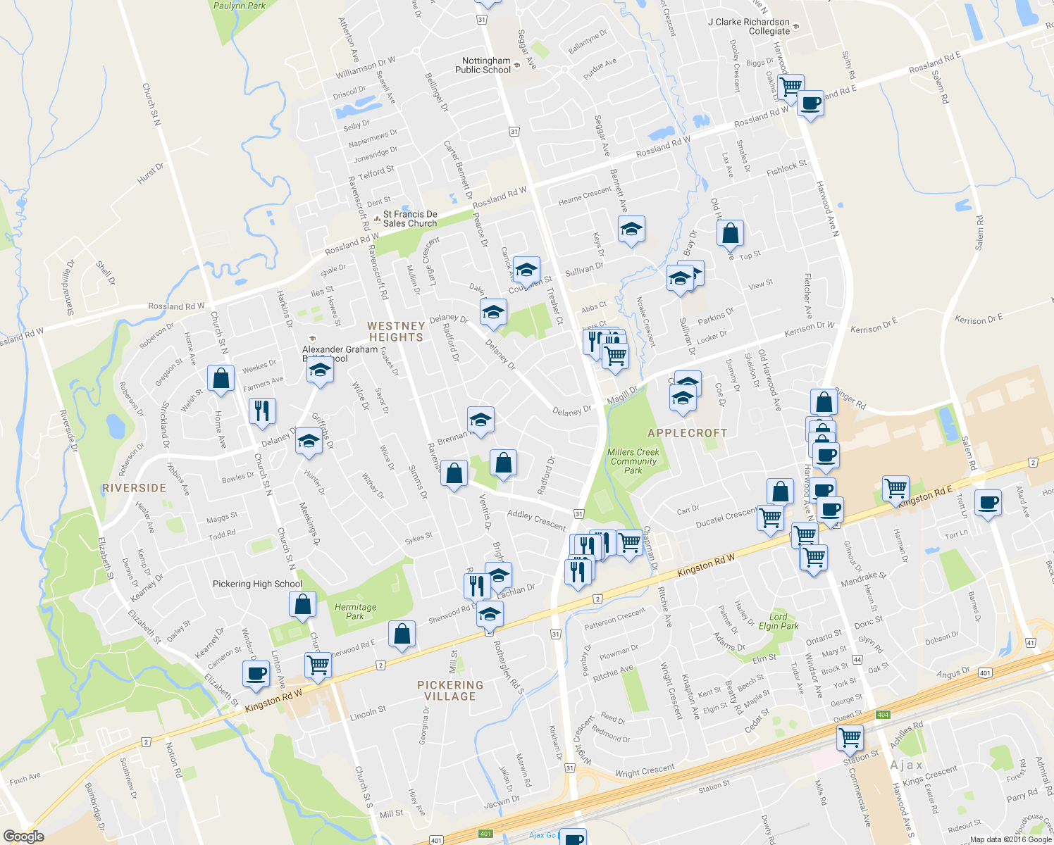 map of restaurants, bars, coffee shops, grocery stores, and more near 64 Chatfield Drive in Ajax