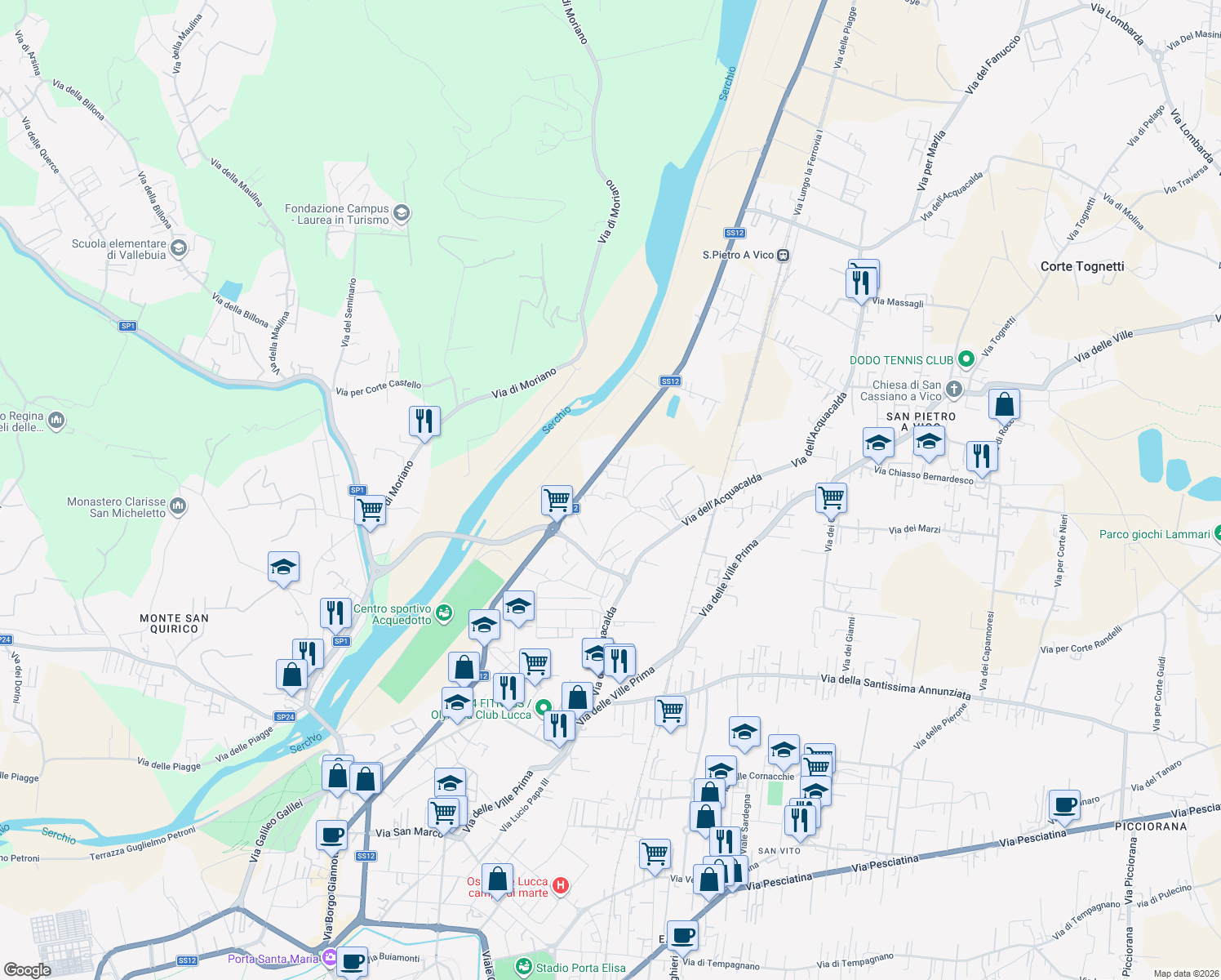 map of restaurants, bars, coffee shops, grocery stores, and more near 141 Via Pasquinetti in Lucca