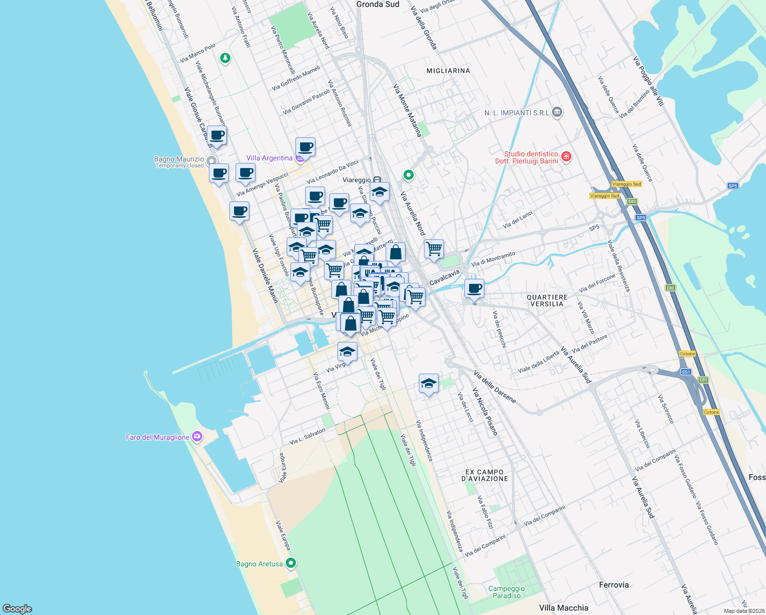 map of restaurants, bars, coffee shops, grocery stores, and more near 6 Lungocanale Ovest in Viareggio