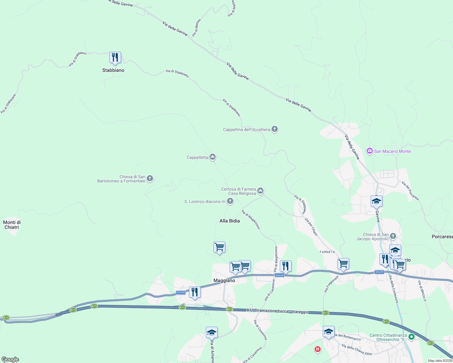 map of restaurants, bars, coffee shops, grocery stores, and more near Via per Chiatri in Provincia di Lucca