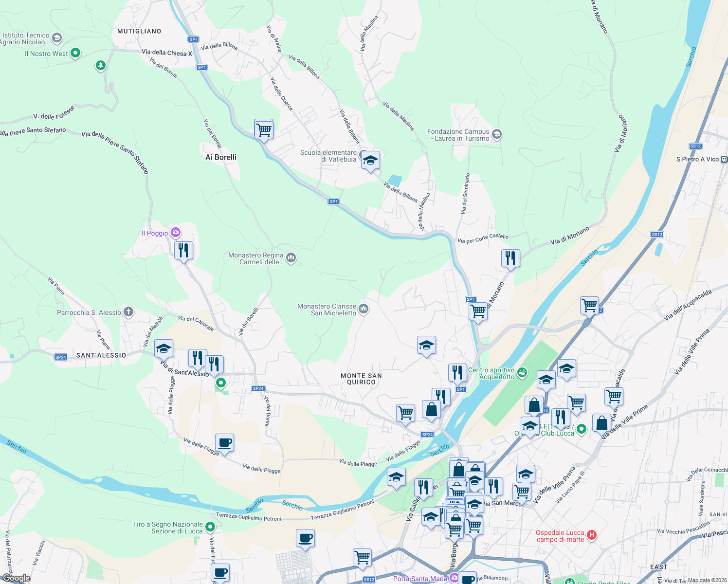 map of restaurants, bars, coffee shops, grocery stores, and more near 835 Via dei Poveri Vecchi in Lucca