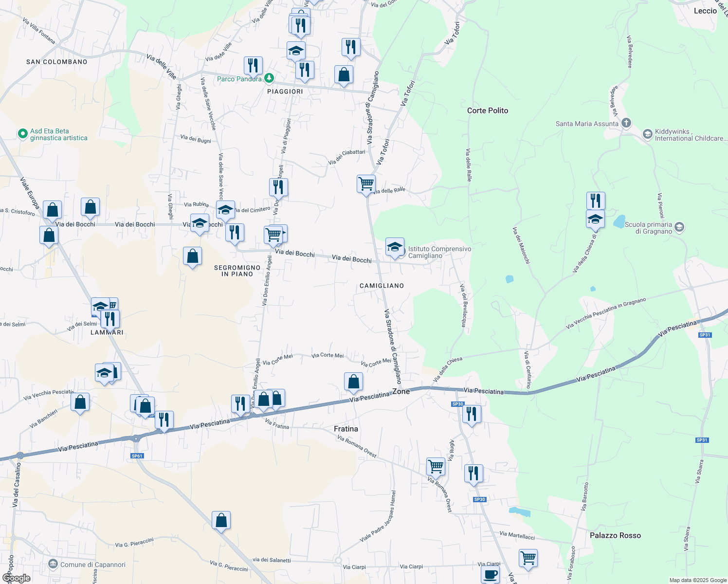 map of restaurants, bars, coffee shops, grocery stores, and more near 125 Via Stradone di Camigliano in Capannori