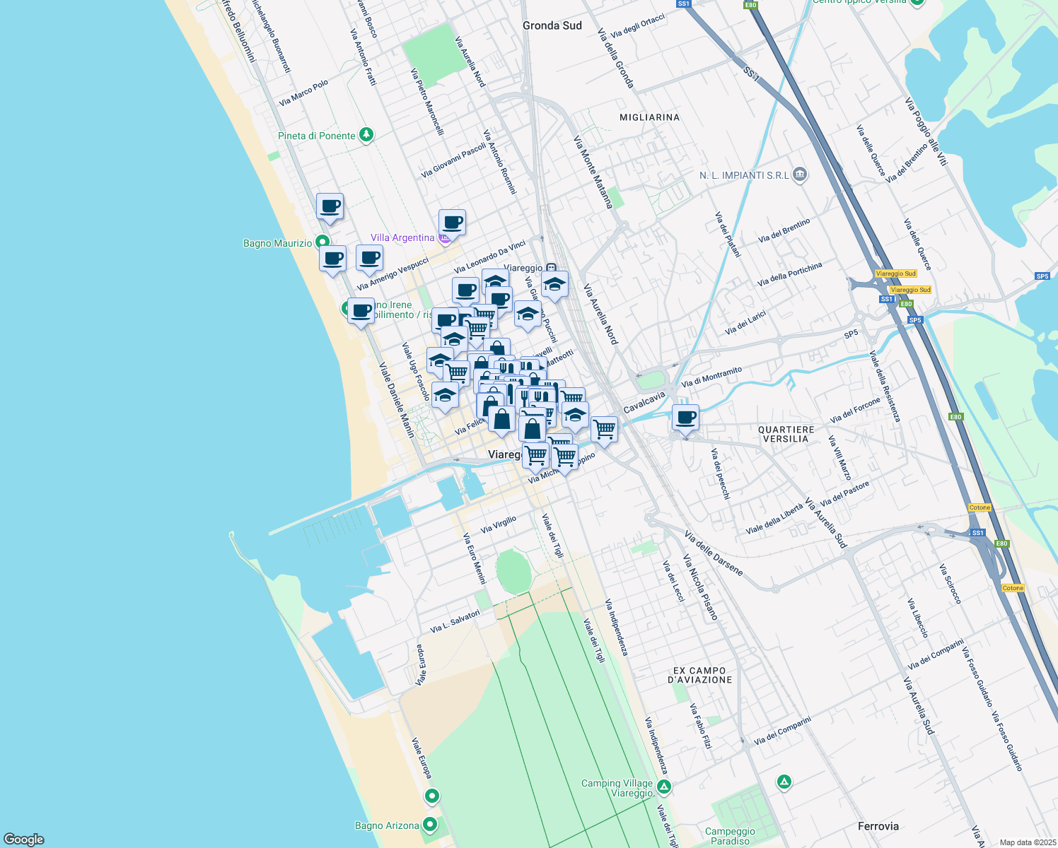 map of restaurants, bars, coffee shops, grocery stores, and more near 131 Corso Giuseppe Garibaldi in Viareggio