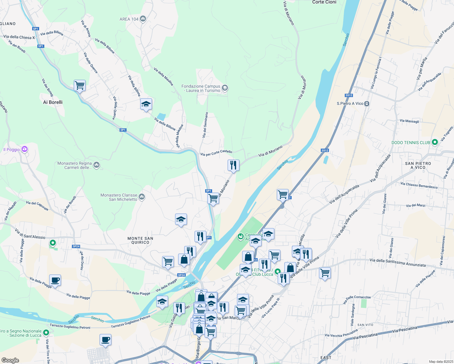 map of restaurants, bars, coffee shops, grocery stores, and more near 285/C Via di Moriano in Lucca