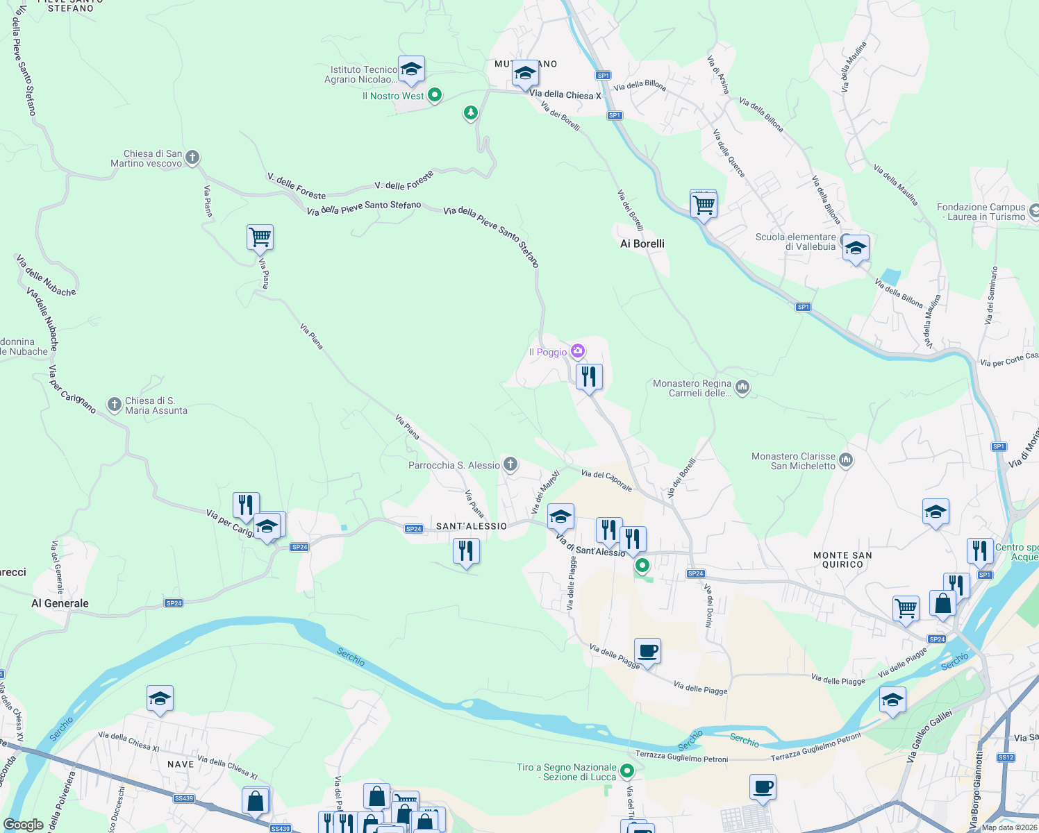 map of restaurants, bars, coffee shops, grocery stores, and more near 719/C Via del Caporale in Lucca