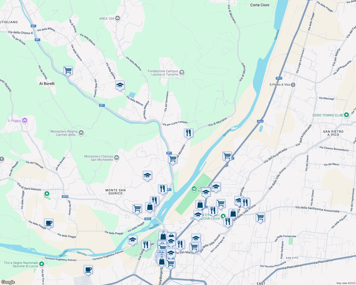 map of restaurants, bars, coffee shops, grocery stores, and more near 285/C Via di Moriano in Lucca
