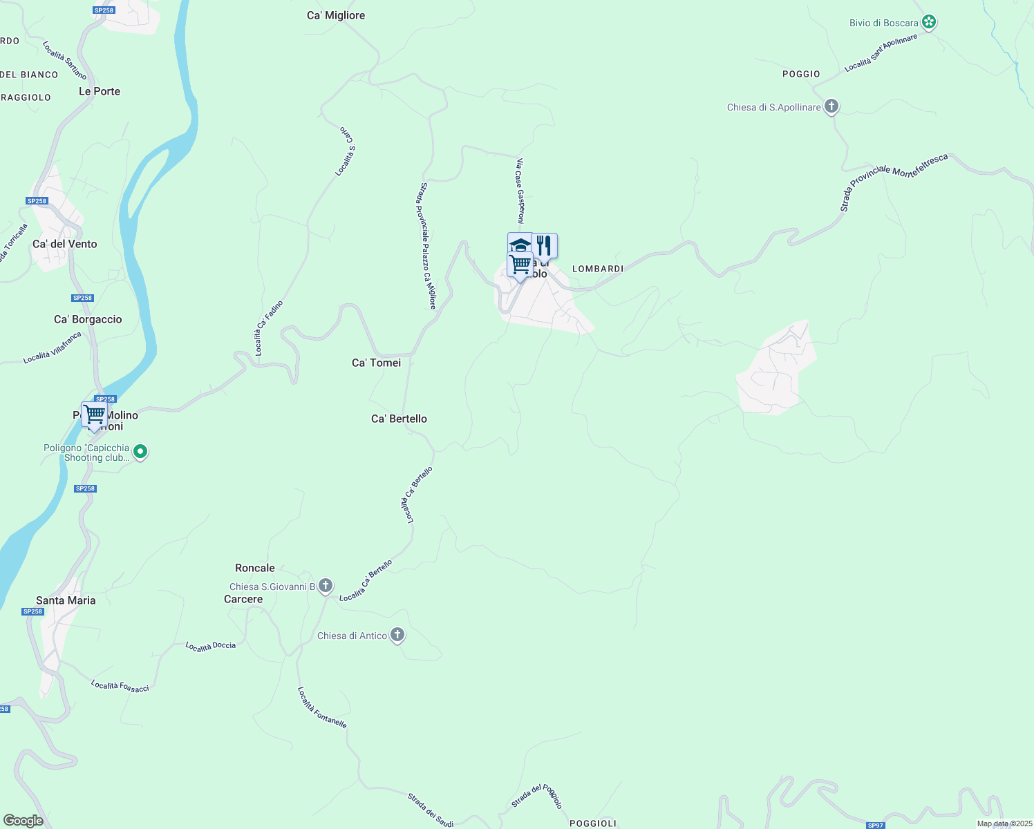 map of restaurants, bars, coffee shops, grocery stores, and more near 218 Località Ca' Baldano in Provincia di Rimini