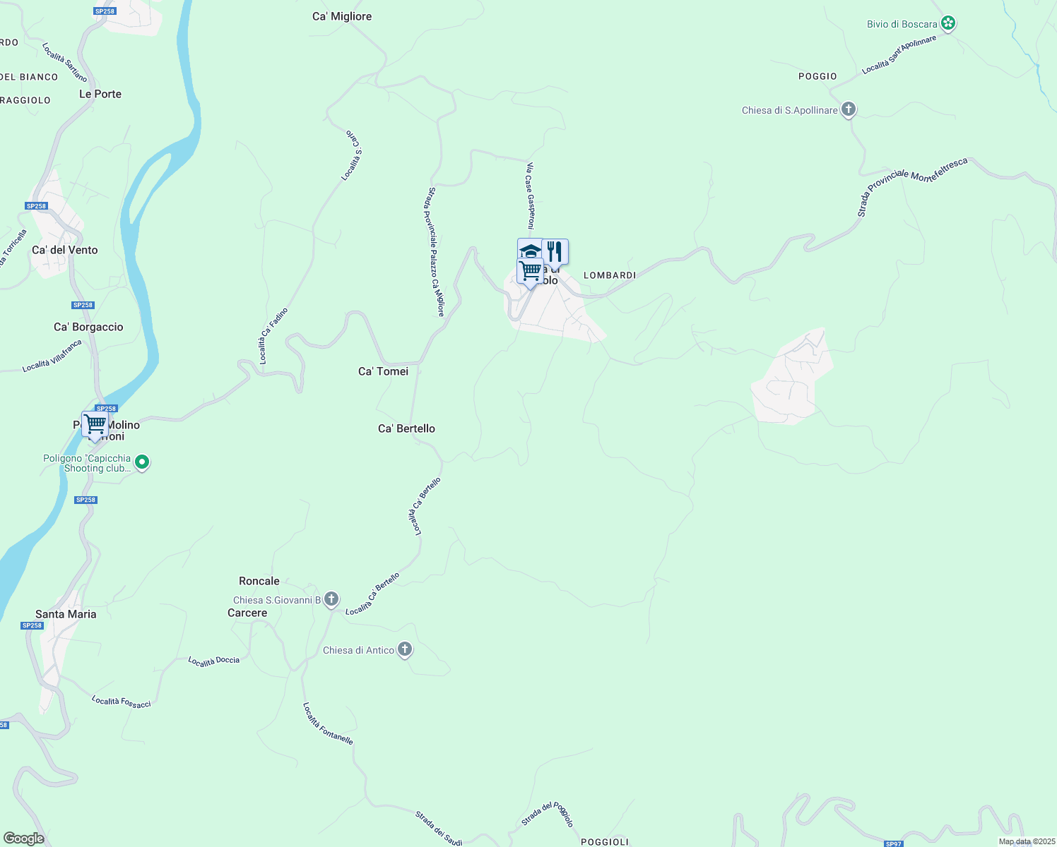 map of restaurants, bars, coffee shops, grocery stores, and more near 218 Località Ca' Baldano in Provincia di Rimini
