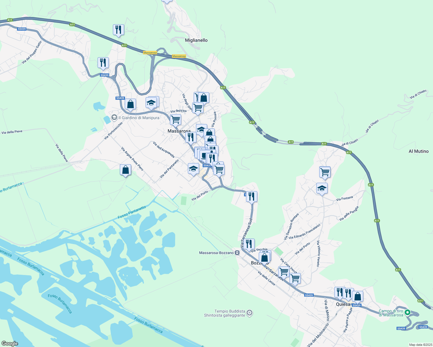 map of restaurants, bars, coffee shops, grocery stores, and more near 635 Via Luigi Spada Cenami in Massarosa